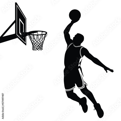 Silhouette of a Basketball Player Dunking the Ball into the Hoop