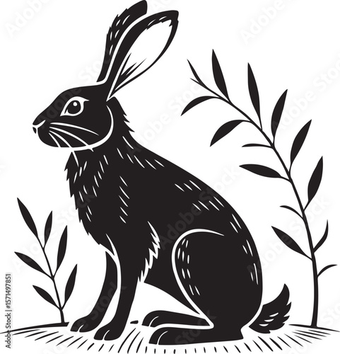 Elegant black and white illustration of a sitting hare among decorative foliage