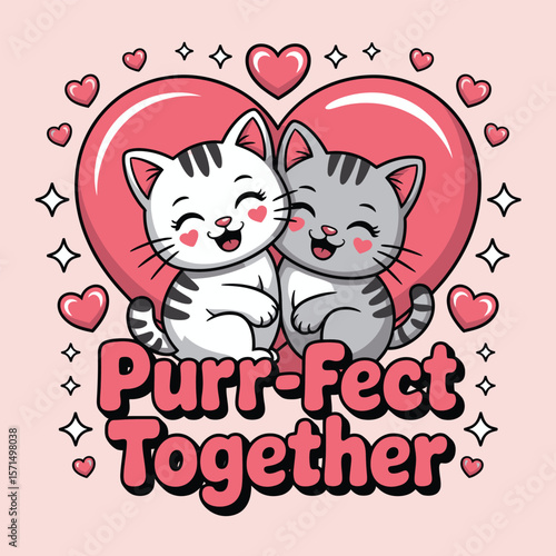 Cartoon cats in love with hearts and text on a pink background
