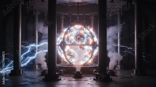 Cinematic 3d animation of a futuristic plasma energy core or reactor pulsing with electricity in a high-tech lab
