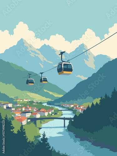 Grenoble, France – cable cars rising over Isère River with Alps in the background
