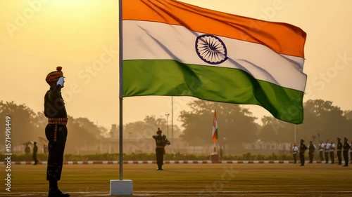 Indian soldier saluting with flag waving during sunset ceremony  