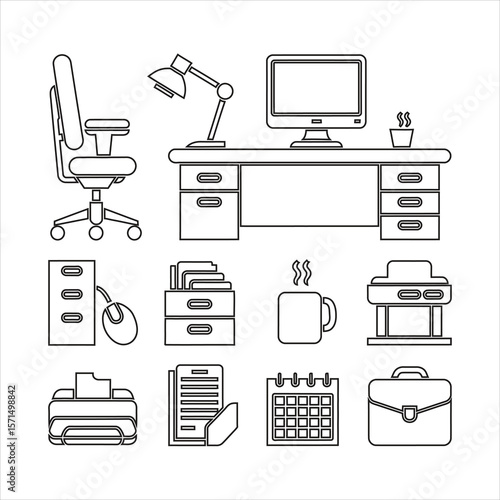 Office desk chair computer lamp filing cabinet mouse printer documents calendar briefcase office chair