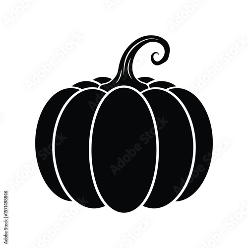 A black silhouette of a plump pumpkin with a curly stem, isolated on white background, evokes the spirit of autumn and halloween