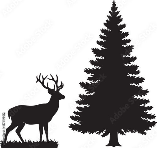 Majestic Deer and Evergreen Tree Silhouettes Nature's Peaceful Embrace