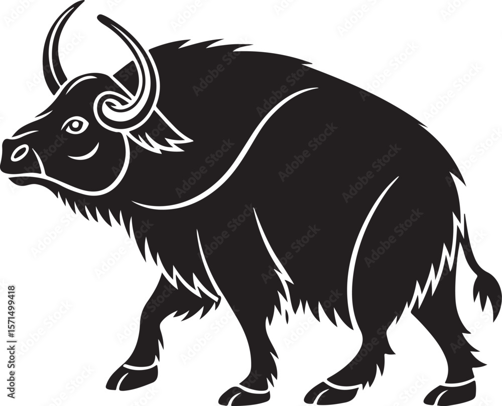 Obraz premium Silhouette artwork of a robust yak walking showing strong horns and detailed fur in black and white