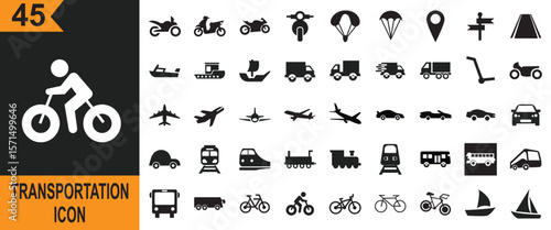 Transportation, vehicle icon set. Icon for travel, logistics, public transit concepts, car, train, bus, bicycle, boat, plane etc. Vector for websites, mobile interfaces, presentations, banner. 