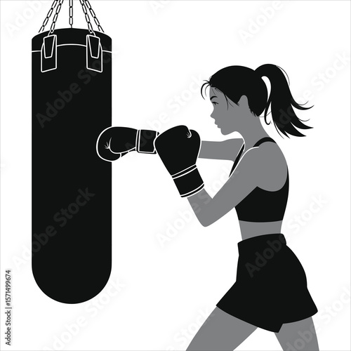 Determined Female Boxer Training on a Punching Bag/A grayscale graphic of a young woman in boxing stance, striking a punching bag.