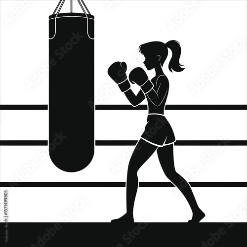 Female Boxer Training with Punching Bag in Boxing Ring Vector Silhouette/A powerful silhouette of a female boxer in action, practicing punches against a punching bag inside a boxing ring.