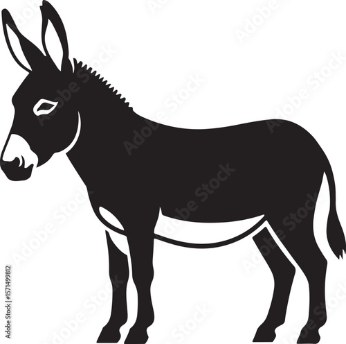 Black and white silhouette of a standing donkey animal isolated on a white background