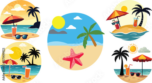 set of beach icons. summer vector design sets. summer season round design bundle