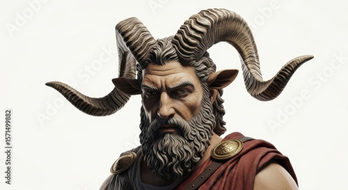 An intense portrait of a satyr or faun from Greek mythology, with a beard and large ram's horns, isolated on a white background.