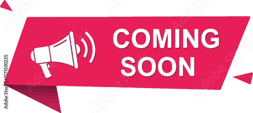 Coming soon message on a pink banner with a megaphone icon illustration