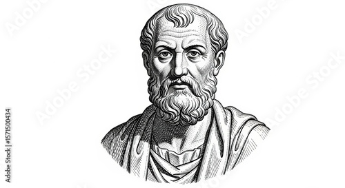 A historical, engraving-style portrait of an ancient Greek philosopher or historian with a beard and toga, on a white background.
