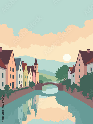 Colmar, France – half‑timbered houses along the canal under pastel sunset in rose beige, mint green, sky blue, and cream
