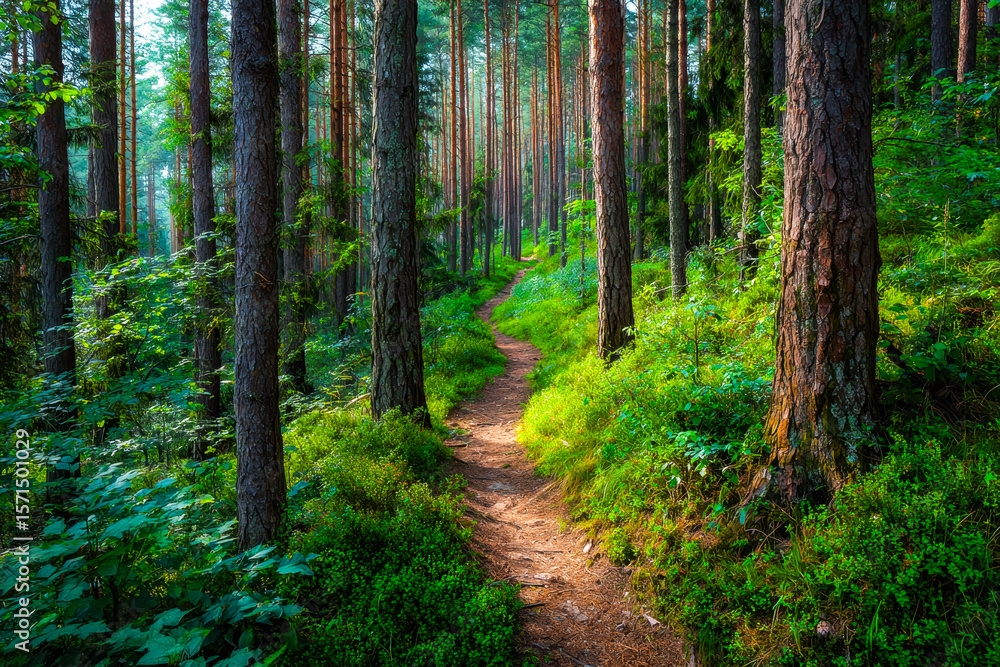 Fototapeta premium Serene woodland trail winding through lush, sunlit forest with tall trees and vibrant greenery
