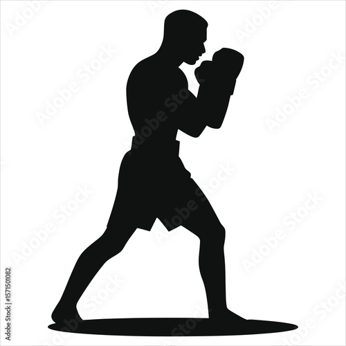 Vector Silhouette of a boxer in a fighting stance./A strong, dynamic silhouette of a boxer in a fighting stance against a plain, background.