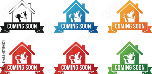 Six colorful coming soon real estate signs with house and megaphone icons
