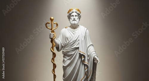 A beautiful marble and gold statue of Asclepius, the god of healing, holding the golden Rod of Asclepius. A symbol of medicine and health.