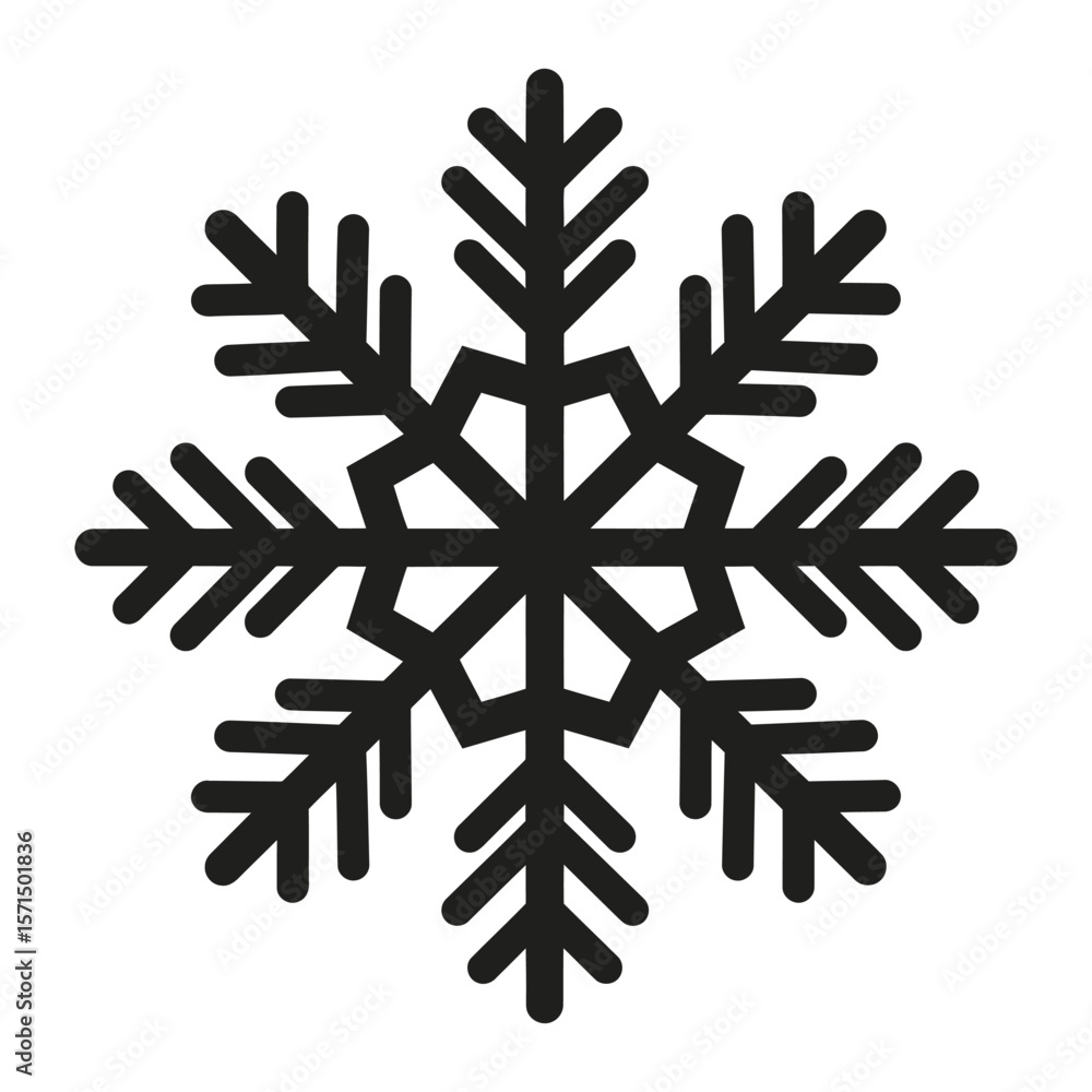 Fototapeta premium A black snowflake is isolated on white background, symbolizing winter and the holiday season