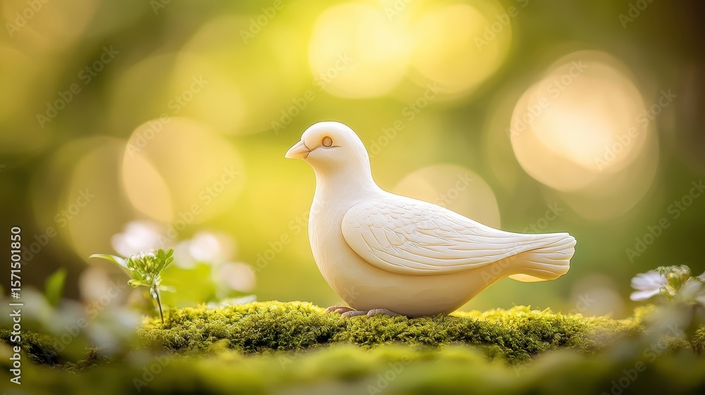Serene White Bird Figurine on Mossy Ground with Soft Green Background Serene White Bird Figurine on Mossy Ground with Soft Green Background
