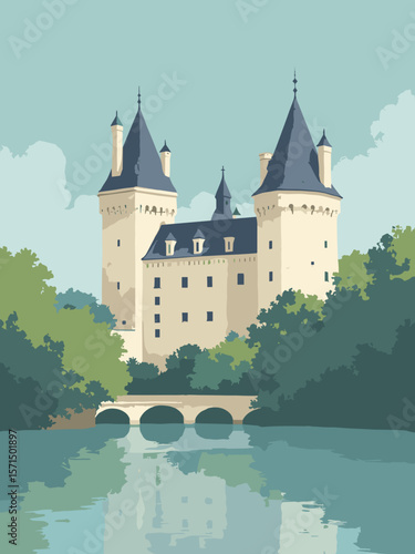Nevers, France – Palais Ducal towers above Loire in ivory stone, river green, slate blue, and moss gray