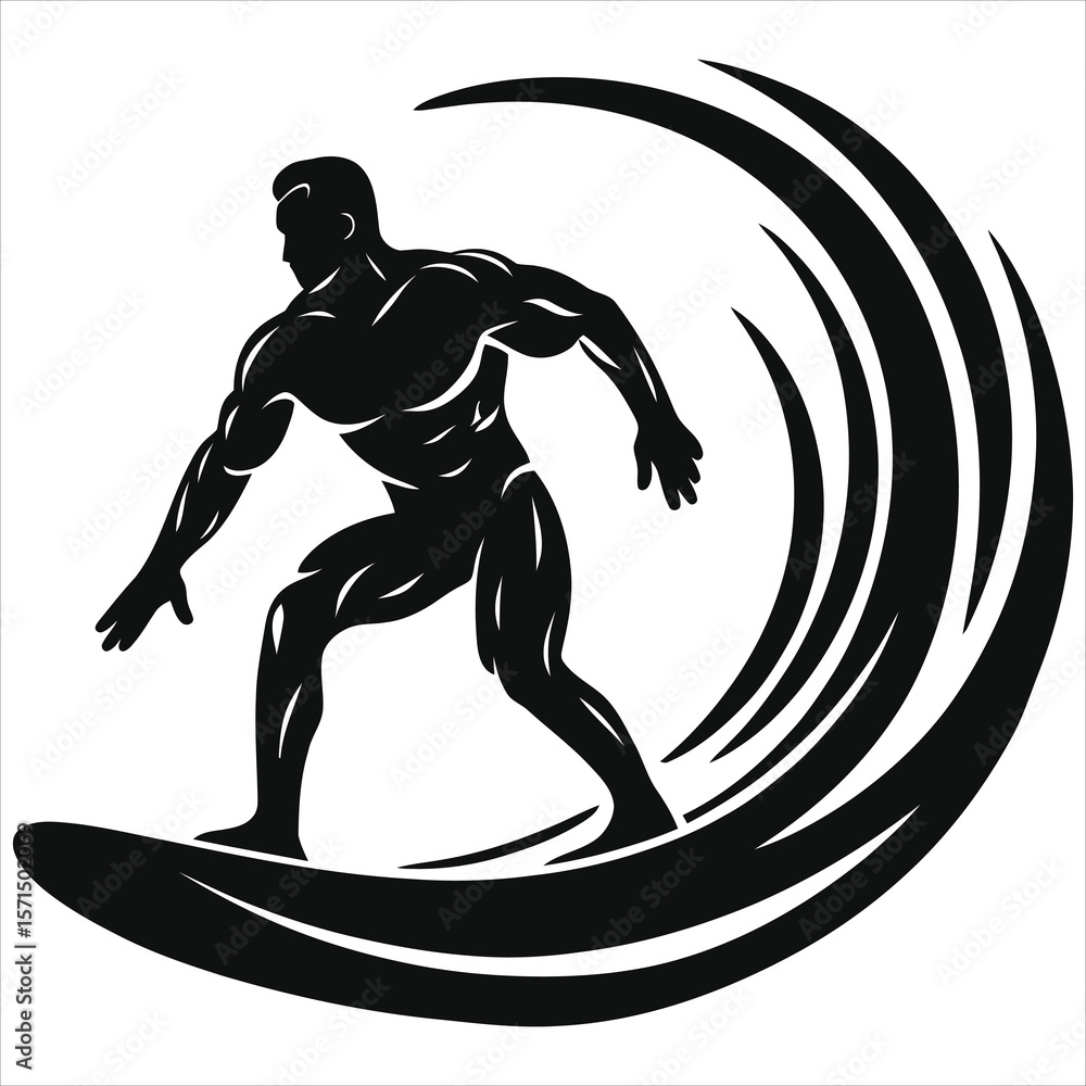 Fototapeta premium Powerful Surfer Vector Silhouette on a Majestic Wave/A strong, muscular surfer silhouette is depicted riding a wave in a dynamic pose.
