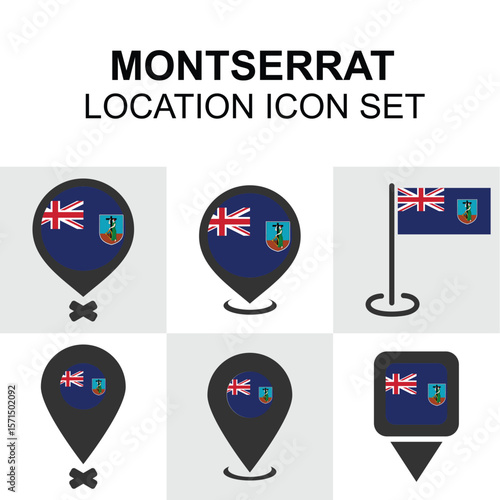 Location markers with the flag and symbols of Montserrat, ideal for Caribbean designs.