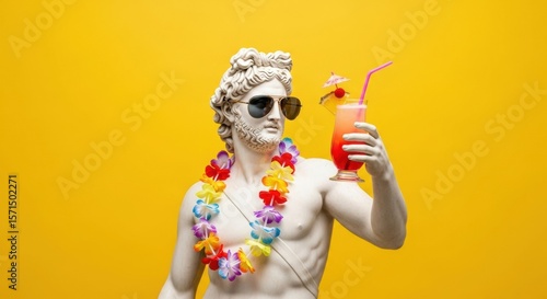 A fun and ironic image of a classical god statue enjoying a summer vacation with a Hawaiian lei, sunglasses, and a colorful cocktail.