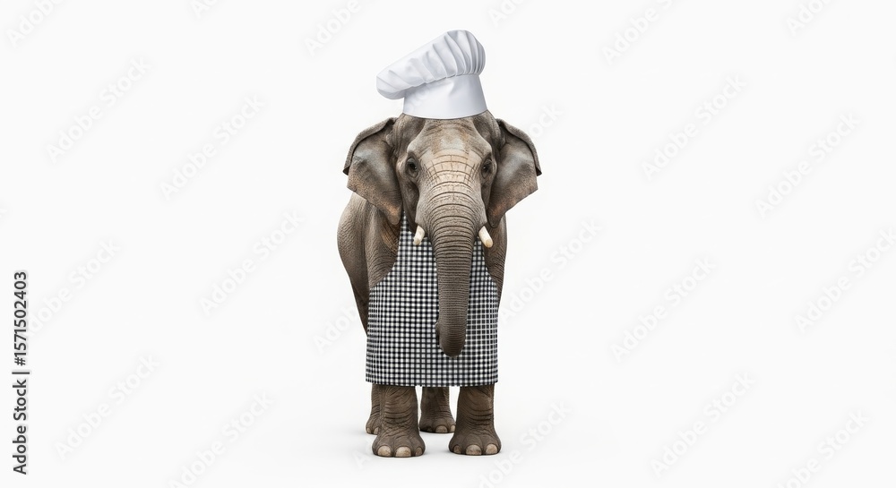 elephant dressed as a chef, wearing an apron and a tall chef’s hat, standing upright on a white background with a friendly and professional expression elephant dressed as a chef, wearing an apron and a tall chef’s hat, standing upright on a white background with a friendly and professional expression
