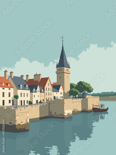 Vannes, France – medieval ramparts and half‑timbered facades on the inlet in slate, timber brown, sea blue, and cream