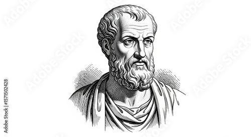 A black and white, engraving-style portrait of an ancient Greek philosopher like Aristotle or Plato. A historical illustration of a great thinker.