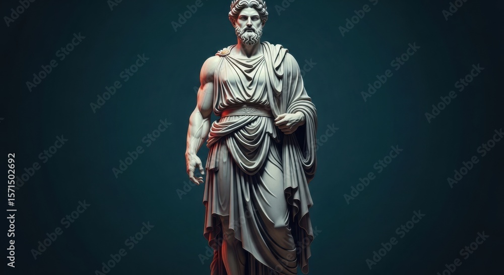 Obraz premium A dramatic full-body sculpture of a muscular Greek god or philosopher in a classic marble style, against a dark, moody background.