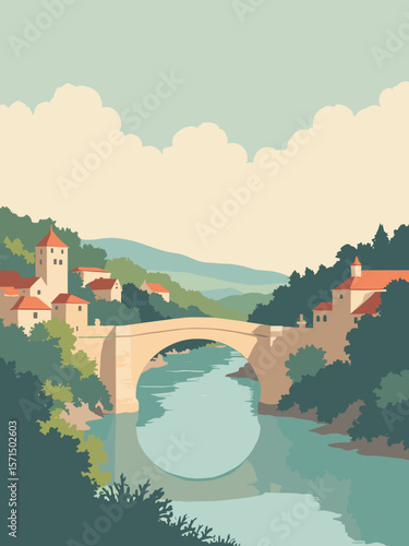 Cahors, France – Pont Valentré spanning the Lot in stone gray, river emerald, cream, and terracotta