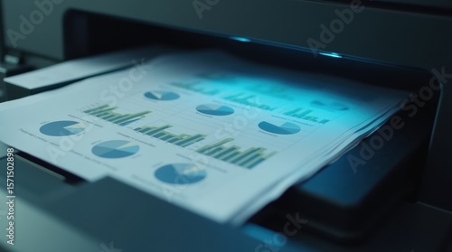 Wallpaper Mural A detailed, slow-motion close-up of a laser printer printing a financial document in a corporate office setting.
 Torontodigital.ca