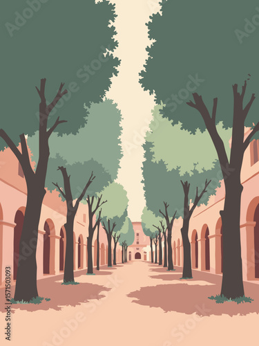 Montauban, France – Place Nationale arcades with pinkish brick and shady plane trees in terra cotta, olive, cream, and gray