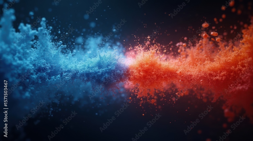 Naklejka premium Abstract blue and red particle streams mix, representing HVAC cool and warm air circulation and temperature control. 