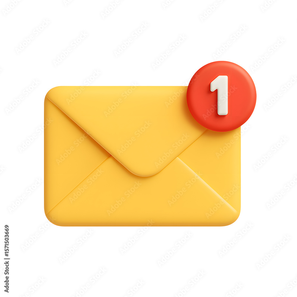 3D email notification icon, yellow envelope with red alert badge showing number one, isolated on transparent background 3D email notification icon, yellow envelope with red alert badge showing number one, isolated on transparent background