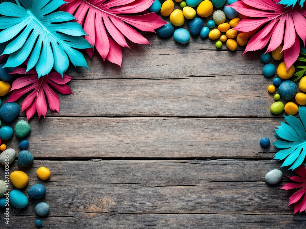 Obraz premium Tropical Flat Lay with Cyan and Pink Leaves and Colorful Pebbles