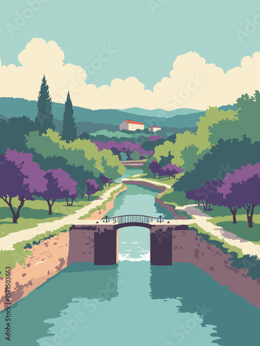 Agen, France – canal lock gates and plum orchards in canal green, orchard purple, cream, and timber brown