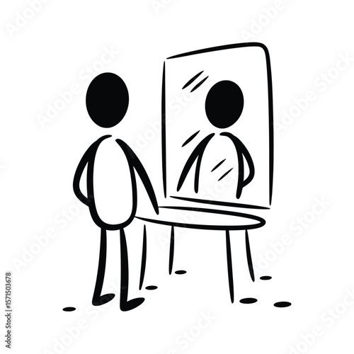 Stick Figure Looking at Reflection in Mirror Simple Black and White