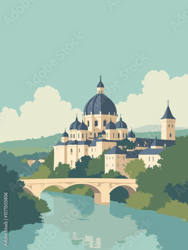 Périgueux, France – Cathédrale Saint‑Front domes over Dordogne River in dome white, river teal, cream, and slate