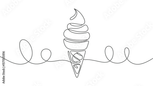Elegant One Line Drawing of a Delicious Ice Cream Cone Dessert