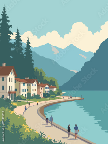 Thonon-les-Bains, France – Lake Geneva promenade with mountains in lake blue, chalet brown, cream, and pine