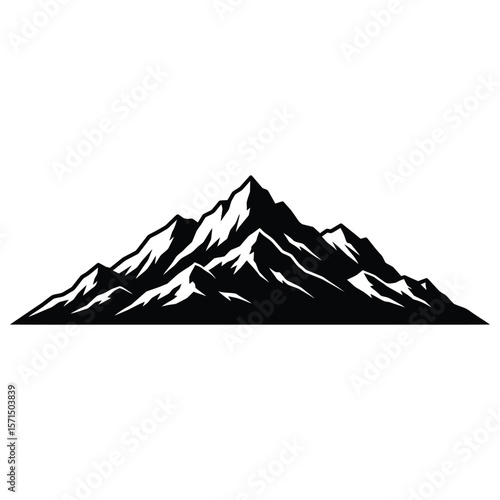 A majestic mountain range silhouette, isolated on white background, captures the spirit of adventure and the grandeur of the natural world