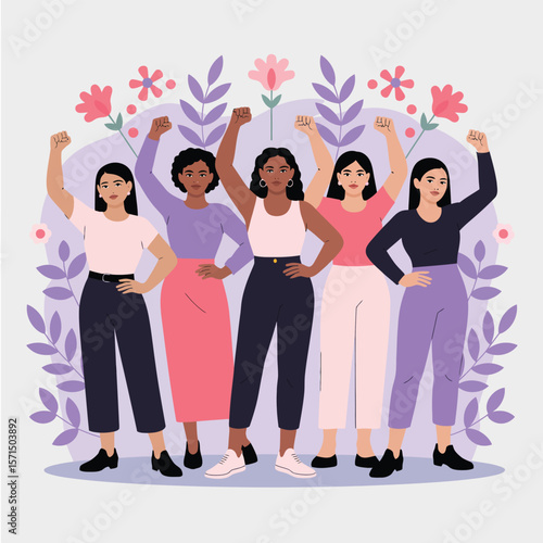 Five women with raised fists in solidarity with floral and leaf elements