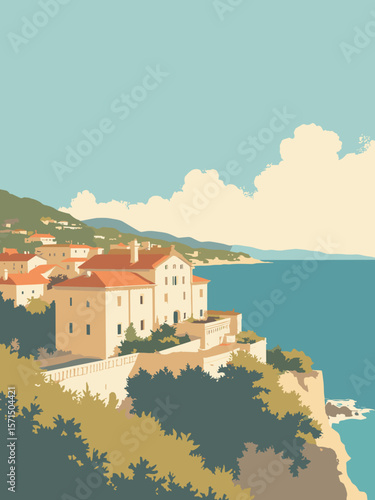 Cagnes-sur-Mer, France – Château Grimaldi overlooking Mediterranean in ochre, sea azure, sky gold, and cream