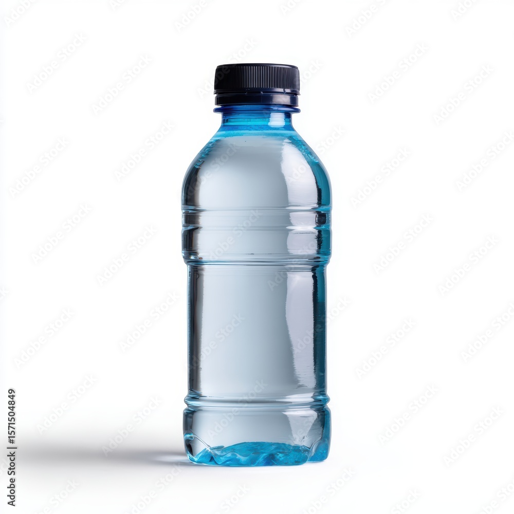 A generic, unbranded plastic water bottle empty, isolated on a white background. Hydration, minimalism. A generic, unbranded plastic water bottle empty, isolated on a white background. Hydration, minimalism.