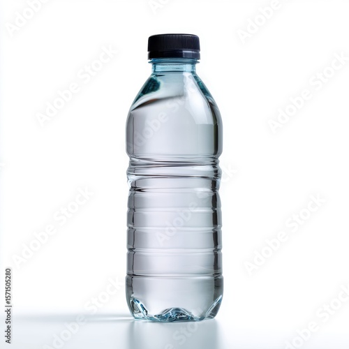 A generic, unbranded plastic water bottle empty, isolated on a white background. Hydration, minimalism.