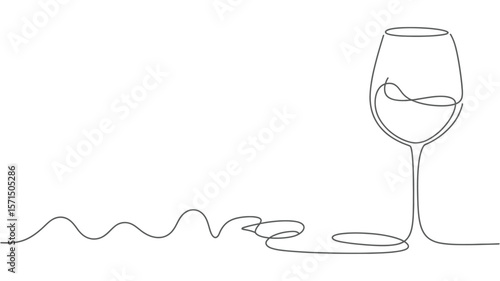 Minimalist single line drawing of a wine glass with liquid and wavy line